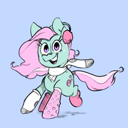 Size: 1389x1389 | Tagged: safe, artist:kyssimmee, minty, earth pony, pony, g3, blue background, clothes, earmuffs, looking at you, open mouth, open smile, scarf, simple background, smiling, smiling at you, socks, solo, that pony sure does love socks