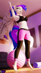 Size: 2160x3840 | Tagged: safe, artist:shadowboltsfm, oc, oc:inkwell stylus, pegasus, anthro, plantigrade anthro, 3d, 4k, alternate hairstyle, barefoot, blender, bra, breasts, clothes, crop top bra, cute, eyes closed, feet, heel pop, high res, nail polish, not sfm, pants, ponytail, smiling, solo, stretching, underwear, wings, yoga pants