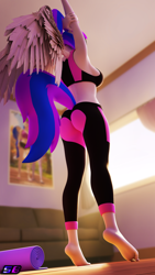 Size: 2160x3840 | Tagged: safe, artist:shadowboltsfm, oc, oc:inkwell stylus, pegasus, anthro, plantigrade anthro, 3d, 4k, alternate hairstyle, barefoot, blender, bra, breasts, clothes, crop top bra, feet, heel pop, high res, implied wing hole, nail polish, not sfm, pants, ponytail, sideboob, solo, stretching, underwear, wings, yoga pants