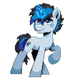 Size: 640x640 | Tagged: safe, artist:hikkage, oc, oc only, oc:solar gizmo, pony, unicorn, animated, blinking, blue eyes, commission, cute, gif, glowing, glowing horn, horn, idle animation, looking at something, magic, magic aura, male, pixel art, raised hoof, simple background, smiling, solo, stallion, tail, transparent background, two toned mane, two toned tail, unicorn oc