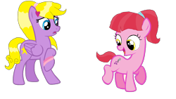 Size: 4368x2464 | Tagged: safe, artist:lnlaarts, oc, oc only, oc:starry wishes, unnamed oc, earth pony, pegasus, pony, base used, blue eyes, bracelet, duo, duo female, female, filly, foal, folded wings, jewelry, looking at someone, looking back, mane, mare, ponytail, raised hoof, simple background, smiling, standing, tail, transparent background, two toned mane, two toned tail, wings, yellow eyes