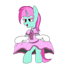 Size: 2000x1800 | Tagged: safe, artist:amateur-draw, oc, oc only, oc:belle boue, pony, unicorn, bipedal, clothes, crossdressing, dress, dress lift, evening gloves, gloves, latex, long gloves, maid, makeup, male, simple background, sissy, solo, stallion, white background