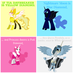 Size: 1080x1080 | Tagged: safe, artist:chanyhuman, daybreaker, nightmare moon, princess amore, princess celestia, princess luna, queen parabola, alicorn, crystal pony, pony, undead, zombie, zombie pony, g4, alicorn princess, alicornified, amorecorn, blue diamond (steven universe), clothes, colorful, cosplay, costume, crossover, description is relevant, diamond, female, gem, group, interesting, link in description, mare, pink diamond, pink diamond (steven universe), quartet, race swap, reference, spoilers for another series, steven universe, the great diamond authority, white diamond (steven universe), yellow diamond, yellow diamond (steven universe)
