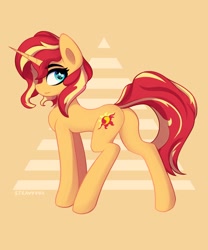 Size: 2500x3000 | Tagged: safe, artist:stravy_vox, sunset shimmer, pony, unicorn, g4, abstract background, bunset shimmer, butt, eyebrows, eyebrows visible through hair, eyelashes, female, high res, horn, looking at you, looking back, looking back at you, mare, plot, signature, smiling, solo, spread legs, spreading, tail, tail aside, triangle
