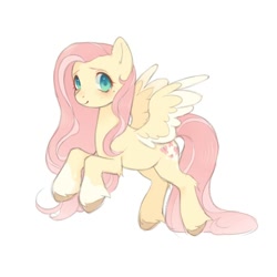 Size: 2000x2000 | Tagged: safe, artist:nyashkaa228, fluttershy, pegasus, pony, g4, aside glance, blushing, coat markings, colored hooves, colored wings, female, high res, looking at you, mare, simple background, smiling, socks (coat markings), solo, spread wings, three quarter view, two toned wings, unshorn fetlocks, white background, wings