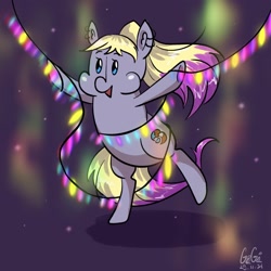 Size: 2048x2048 | Tagged: safe, artist:gigisarts, oc, oc only, oc:ro, earth pony, pony, bipedal, blue eyes, chibi, food, high res, lights, new year, potato, solo, string lights