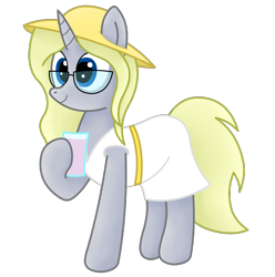Size: 2876x2900 | Tagged: safe, artist:rainbowšpekgs, oc, oc only, oc:silver bullet, pony, unicorn, 2022 community collab, derpibooru community collaboration, clothes, dress, female, glass, glasses, hat, high res, juice, lemonade, mare, simple background, solo, standing, sundress, transparent background