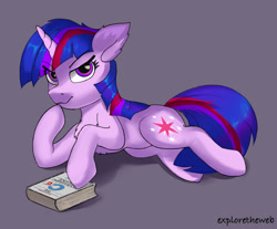 Size: 1280x1059 | Tagged: safe, artist:exploretheweb, twilight sparkle, pony, unicorn, g4, book, c (language), eye clipping through hair, eyebrows, eyebrows visible through hair, female, gray background, hoof on chin, k&r, lying down, mare, programming, prone, simple background, solo, unicorn twilight