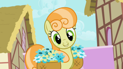 Size: 1920x1080 | Tagged: safe, screencap, junebug, earth pony, pony, g4, season 2, secret of my excess, basket, cute, female, flower, grin, mare, smiling, solo