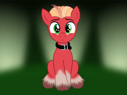 Size: 2750x2062 | Tagged: safe, artist:badumsquish, derpibooru exclusive, sprout cloverleaf, earth pony, pony, g4, g5, my little pony: a new generation, abstract background, collar, cute, g5 to g4, high res, looking at you, male, simple background, sitting, smiling, solo, sproutbetes, stallion, unshorn fetlocks