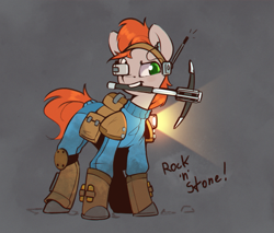 Size: 877x746 | Tagged: safe, artist:rexyseven, oc, oc only, earth pony, pony, deep rock galactic, female, mare, mouth hold, pickaxe, solo