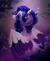 Size: 1224x1500 | Tagged: safe, artist:fedos, oc, oc only, pegasus, pony, eyes closed, horns, jewelry, leaves, painting, ram horns, solo, spread wings, stars, wings