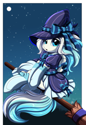 Size: 1749x2550 | Tagged: safe, artist:pridark, oc, oc only, pegasus, pony, broom, flying, flying broomstick, hat, moon, solo, stars, witch hat