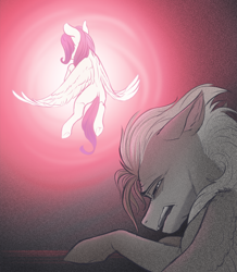 Size: 3711x4254 | Tagged: safe, artist:klarapl, oc, oc only, oc:jordan, oc:serene peach, pegasus, pony, abstract background, crying, desaturated, facing away, female, flying, frown, grainy, lying down, lying on the ground, male, mare, open mouth, pink, sad, stallion