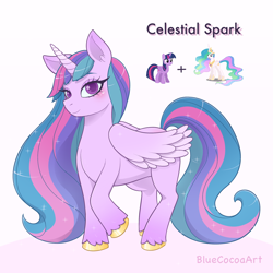 Size: 2048x2048 | Tagged: safe, artist:bluecocoaart, princess celestia, twilight sparkle, alicorn, pony, g4, colored hooves, colored wings, eye contact, fusion, fusion:celestial spark, gold hooves, gradient horn, gradient wings, high res, hooves, horn, looking at each other, looking at you, missing cutie mark, pastel, simple background, smiling, solo, sparkles, tail, twilight sparkle (alicorn), two toned mane, two toned tail, white background, wings