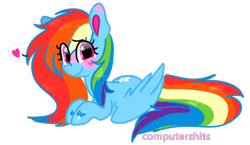 Size: 921x534 | Tagged: safe, artist:cutiesparke, rainbow dash, pegasus, pony, g4, alternate hairstyle, blushing, ear blush, female, heart, long mane, looking at you, multicolored hair, pink eyes, rainbow hair, simple background, solo, transparent background