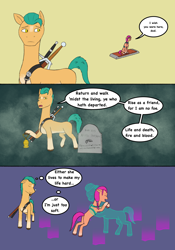 Size: 1668x2388 | Tagged: safe, artist:simonsartbookservice, argyle starshine, hitch trailblazer, sunny starscout, earth pony, ghost, ghost pony, pony, undead, g5, my little pony: a new generation, alternate ending, belt, comic, father and child, father and daughter, female, gravestone, hug, male, mare, stallion, sword, the witcher, the witcher 3, trio, weapon, witcher