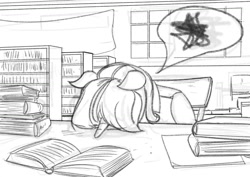 Size: 1280x905 | Tagged: safe, artist:apocheck13, twilight sparkle, anthro, g4, book, bookshelf, facedesk, frustrated, library, shelf, shelves, sketch, solo, tired
