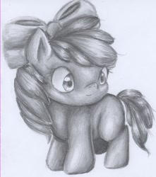 Size: 805x909 | Tagged: safe, artist:blood-charm, apple bloom, earth pony, pony, g4, female, filly, monochrome, solo, traditional art