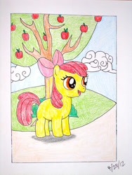 Size: 900x1200 | Tagged: safe, artist:jazzytyfighter, apple bloom, earth pony, pony, g4, apple, apple tree, cloud, crayon drawing, female, filly, solo, traditional art, tree