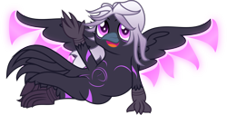 Size: 4029x2040 | Tagged: safe, artist:php178, derpibooru exclusive, oc, oc:shade the raven, bird, griffon, raven (bird), 2022 community collab, derpibooru community collaboration, .svg available, :d, artificial wings, augmented, belly button, body markings, crossed legs, eyebrows, feathered tail, female, furry, furry oc, glowing, griffon magic, griffon oc, griffonized, hair, happy, inkscape, leaning, long hair, looking at you, magic, magic wings, markings, open mouth, open smile, pose, posing for photo, purple, purple eyes, shards, silver hair, simple background, smiling, smiling at you, solo, spread wings, stripes, svg, tail, tail feathers, transparent background, vector, waving, waving at you, wings