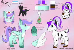Size: 2101x1422 | Tagged: safe, artist:stitched-imp, oc, oc only, oc:ayelet, oc:blissy, changeling, deer, pegasus, pony, :p, bow, chest fluff, cloven hooves, fangs, fluffy tail, glasses, hair bow, hat, heart-shaped hooves, nurse hat, piebald coat, pride, pride flag, reference sheet, simple background, tail, tail bow, tongue out, transgender pride flag