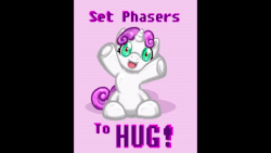 Size: 1280x720 | Tagged: safe, artist:melle-d, edit, fifteen.ai, sweetie belle, pony, robot, robot pony, unicorn, g4, animated, female, filly, foal, hooves, horn, hug request, looking at you, open mouth, set phasers to hug, simple background, sitting, solo, sweetie bot, webm