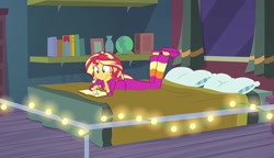 Size: 1246x720 | Tagged: safe, screencap, sunset shimmer, equestria girls, equestria girls specials, g4, my little pony equestria girls: better together, my little pony equestria girls: forgotten friendship, book, clothes, pajamas, solo, writing