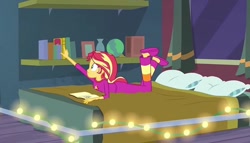 Size: 1258x720 | Tagged: safe, screencap, sunset shimmer, equestria girls, g4, bed, book, clothes, pajamas, solo