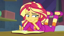 Size: 1260x720 | Tagged: safe, screencap, sunset shimmer, equestria girls, equestria girls specials, g4, my little pony equestria girls: better together, my little pony equestria girls: forgotten friendship, bed, book, clothes, female, hand on chin, pajamas, solo