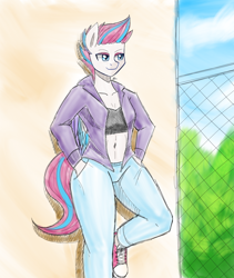 Size: 1600x1900 | Tagged: safe, artist:zachc, zipp storm, pegasus, anthro, plantigrade anthro, g5, my little pony: a new generation, belly button, clothes, female, hand in pocket, shoes, solo