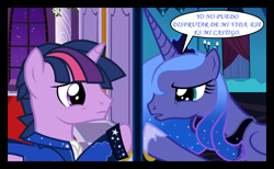 Size: 1280x790 | Tagged: safe, artist:bigsnusnu, princess luna, twilight sparkle, alicorn, pony, unicorn, comic:dusk shine in pursuit of happiness, g4, dialogue, dusk shine, female, half r63 shipping, horn, male, mare, rule 63, s1 luna, sad, sad eyes, ship:duskluna, ship:twiluna, shipping, spanish, spanish text, speech bubble, stallion, straight, translation, unicorn dusk shine, unicorn twilight, wings