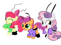 Size: 1024x768 | Tagged: safe, anonymous artist, apple bloom, scootaloo, sweetie belle, cockroach, insect, pony, g4, cutie mark crusaders, green eyes, oggy and the cockroaches, open mouth, ribbon, simple background, trio, white background
