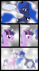 Size: 1280x2300 | Tagged: safe, artist:bigsnusnu, princess luna, twilight sparkle, alicorn, pony, unicorn, comic:dusk shine in pursuit of happiness, g4, blushing, dusk shine, female, half r63 shipping, kissing, male, mare, rule 63, ship:duskluna, ship:twiluna, shipping, spanish, spanish text, stallion, straight, translation, unicorn dusk shine