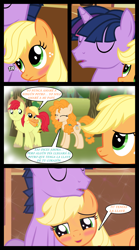 Size: 1280x2300 | Tagged: safe, artist:bigsnusnu, applejack, bright mac, pear butter, twilight sparkle, earth pony, pony, comic:dusk shine in pursuit of happiness, g4, blushing, comic, cute, dusk shine, female, half r63 shipping, happy, jackabetes, male, rule 63, ship:duskjack, ship:twijack, shipping, spanish, straight, translation, tree