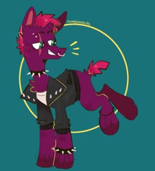Size: 1086x1200 | Tagged: safe, artist:knightbug, tempest shadow, pony, unicorn, g4, broken horn, chest fluff, choker, clothes, horn, jacket, leather jacket, nose piercing, nose ring, piercing, smiling, solo, spiked choker