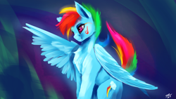 Size: 3840x2160 | Tagged: safe, artist:tenebrisnoctus, rainbow dash, pegasus, pony, g4, chest fluff, female, high res, mare, one wing out, solo, wings