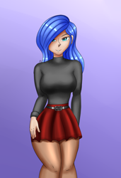 Size: 1300x1900 | Tagged: safe, artist:zachc, princess luna, human, g4, breasts, busty princess luna, clothes, curvy, female, hand on hip, hourglass figure, humanized, looking at you, skirt, smiling, solo, turtleneck