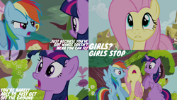 Size: 1280x720 | Tagged: safe, edit, edited screencap, editor:quoterific, screencap, fluttershy, rainbow dash, twilight sparkle, alicorn, pegasus, pony, g4, season 4, testing testing 1-2-3, female, flying, golden oaks library, mare, nose in the air, open mouth, twilight sparkle (alicorn)