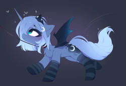 Size: 2309x1580 | Tagged: source needed, safe, artist:magnaluna, princess luna, alicorn, pony, bat wings, chest fluff, clothes, crown, cute, female, filly, floating heart, foal, heart, horn, jewelry, leash, palindrome get, regalia, smiling, socks, solo, spread wings, striped socks, wings, woona, younger