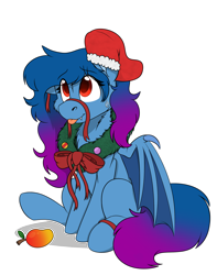 Size: 1744x2208 | Tagged: safe, artist:rokosmith26, oc, oc only, oc:tazzee, bat pony, pony, bat pony oc, bow, cheek fluff, chest fluff, christmas, christmas stocking, christmas wreath, commission, fangs, female, floppy ears, food, holiday, looking up, mango, mare, one ear down, raised hoof, ribbon, shadow, simple background, sitting, smiling, solo, sweat, sweatdrop, tail, tongue out, transparent background, wreath, ych result
