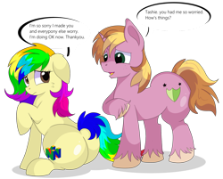 Size: 1280x1027 | Tagged: safe, artist:rainbowtashie, oc, oc only, oc:home defence, oc:rainbow tashie, earth pony, pony, unicorn, adorable face, butt, commissioner:bigonionbean, concerned, cute, cutie mark, dialogue, duo, female, fusion, fusion:big macintosh, fusion:shining armor, looking back, male, mare, nintendo, nintendo 64, parent:big macintosh, parent:shining armor, plot, simple background, stallion, transparent background, writer:bigonionbean