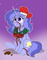 Size: 1744x2208 | Tagged: safe, artist:rokosmith26, oc, oc only, pony, unicorn, bow, cheek fluff, chest fluff, christmas, christmas stocking, christmas wreath, coffee beans, commission, female, floppy ears, gradient background, holiday, horn, looking up, mare, one ear down, raised hoof, ribbon, simple background, sitting, smiling, solo, sweat, sweatdrop, tail, tongue out, unicorn oc, wreath, ych result