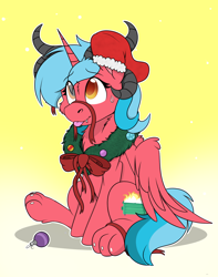 Size: 1744x2208 | Tagged: safe, artist:rokosmith26, oc, oc only, alicorn, hybrid, original species, pony, bow, cheek fluff, chest fluff, christmas, christmas stocking, christmas wreath, commission, fangs, female, floppy ears, gradient background, holiday, horns, looking up, mare, one ear down, paws, raised arm, ribbon, simple background, sitting, smiling, solo, sweat, sweatdrop, tail, tongue out, wreath, ych result
