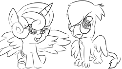 Size: 1920x1080 | Tagged: safe, artist:truffle shine, princess flurry heart, oc, oc:grover vi, alicorn, griffon, pony, equestria at war mod, g4, baby, baby flurry heart, baby pony, chickub, foal, glasses, sketch