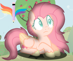 Size: 512x432 | Tagged: safe, artist:marceliana, oc, oc only, oc:blooming apple, pegasus, pony, apple, apple tree, base used, colored pupils, female, frown, looking offscreen, lying down, mare, offspring, parent:big macintosh, parent:fluttershy, parents:fluttermac, prone, solo, tree, unshorn fetlocks