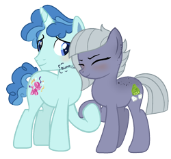 Size: 1236x1147 | Tagged: safe, artist:fcrestnymph, limestone pie, party favor, earth pony, pony, unicorn, g4, base used, blushing, bump, cheek to cheek, crack shipping, duo, eyes closed, female, holding hooves, implied fancypants, limefavor, male, mare, shipping, simple background, smiling, stallion, straight, transparent background
