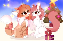 Size: 4442x2898 | Tagged: safe, artist:2pandita, oc, oc only, cat, cat pony, original species, pegasus, pony, christmas, christmas tree, duo, female, holiday, tree