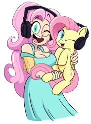 Size: 1280x1741 | Tagged: safe, artist:davidbaronart, kotobukiya, fluttershy, human, pony, g4, breasts, busty fluttershy, cleavage, clothes, dress, duo, flutterchan, headphones, holding a pony, hugging a pony, human ponidox, humanized, kotobukiya fluttershy, looking at you, one eye closed, open mouth, open smile, self paradox, self ponidox, simple background, smiling, transparent background, wink