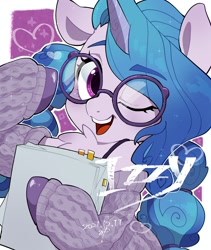 Size: 1276x1512 | Tagged: safe, artist:potetecyu_to, izzy moonbow, pony, unicorn, g5, my little pony: a new generation, bust, chest fluff, clothes, cute, eyebrows, eyebrows visible through hair, female, glasses, heart, izzybetes, looking at you, mare, name, off shoulder, off shoulder sweater, one eye closed, open mouth, open smile, portrait, round glasses, smiling, smiling at you, solo, sweater, wink, winking at you
